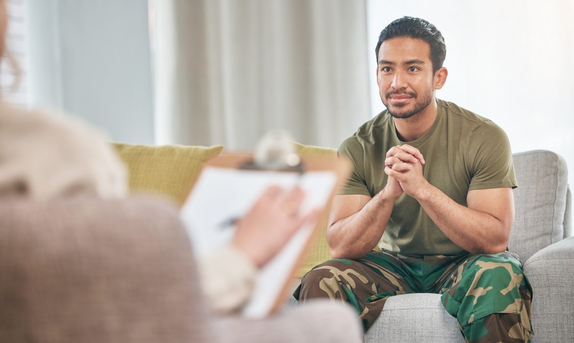 Military man, help and therapist for counselling and support for mental health. Stress, depression and army veteran with trauma for therapy at psychologist person with notes for depression problem